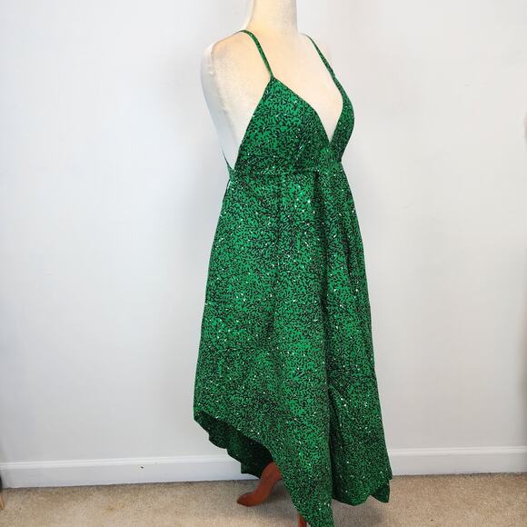 Bombchel V-Neck Asymmetric Hem Halter Dress Green Floral 100% Cotton OS M/L - Picture 2 of 15